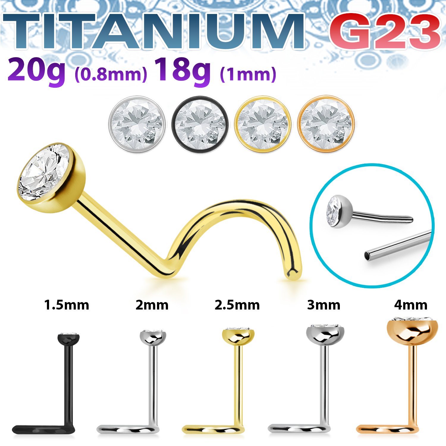 Titan Nasenstecker "Bezel-Set Cubic", Push Fit